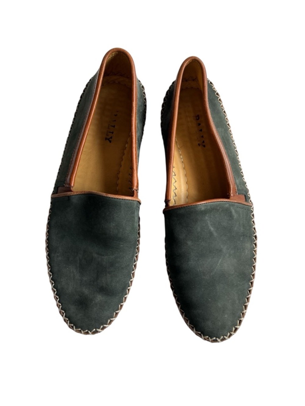 Bally Dark Green Suede Slip-On Loafers with Brown Trim